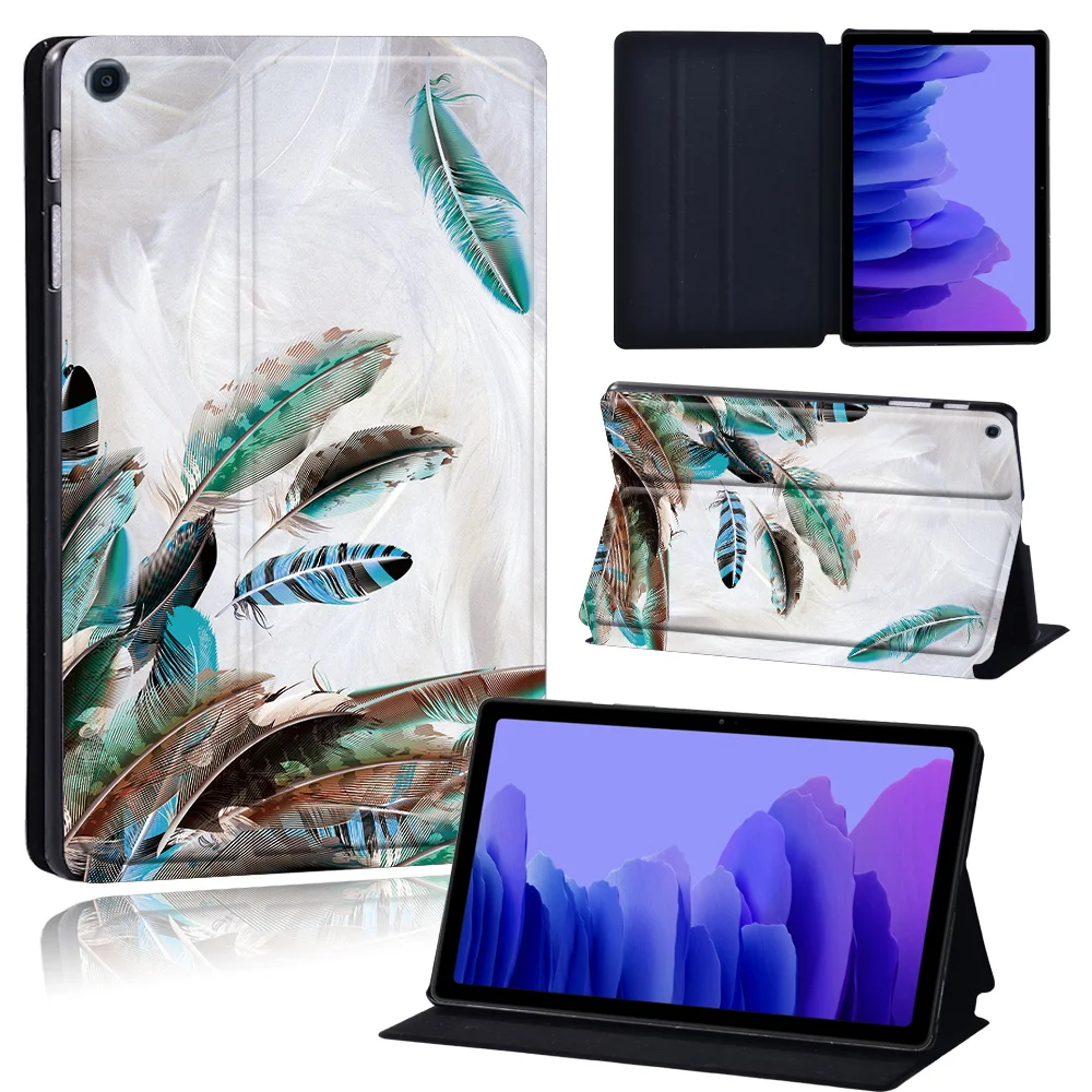 Tablets Case for Samsung Galaxy Tab A7 10.4 Inch 2020 T500/T505 Printed Feather PU Leather Tablet Stand folio Cover+ Free Stylus