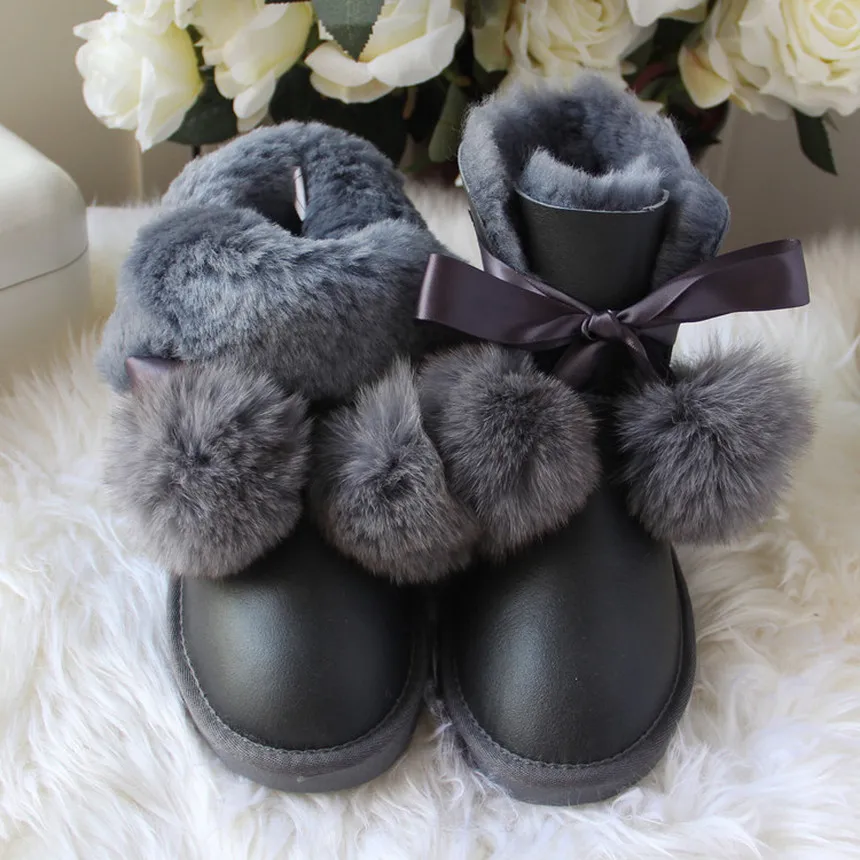 G& ZaCo/роскошные ботинки из натуральной овечьей кожи; женские зимние ботинки с лисьим помпоном; зимние ботинки из водонепроницаемого материала; короткие ботинки на плоской подошве; женские ботинки