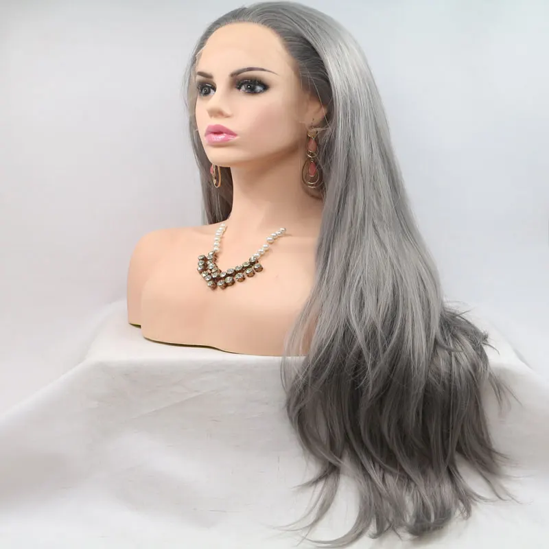 Siver Grey Natural Straight Hand Tied Synthetic 13*3 Inch Lace Front Wig Heat Resistant Fiber Free Part Hair For Women Girl Wigs