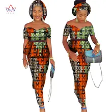 

African Bazin Riche Dress for Women 2 Pieces Set Tops & African Print Skirt with Headscarf Bodycon Skirt Plus Size 6XL WY1072