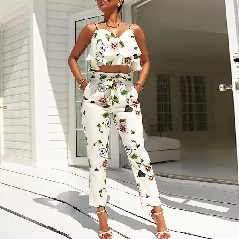 

New Women Stylish Flounced Spaghetti Strap Floral Harness Tops Cropped Pantsuit Summer Fashion