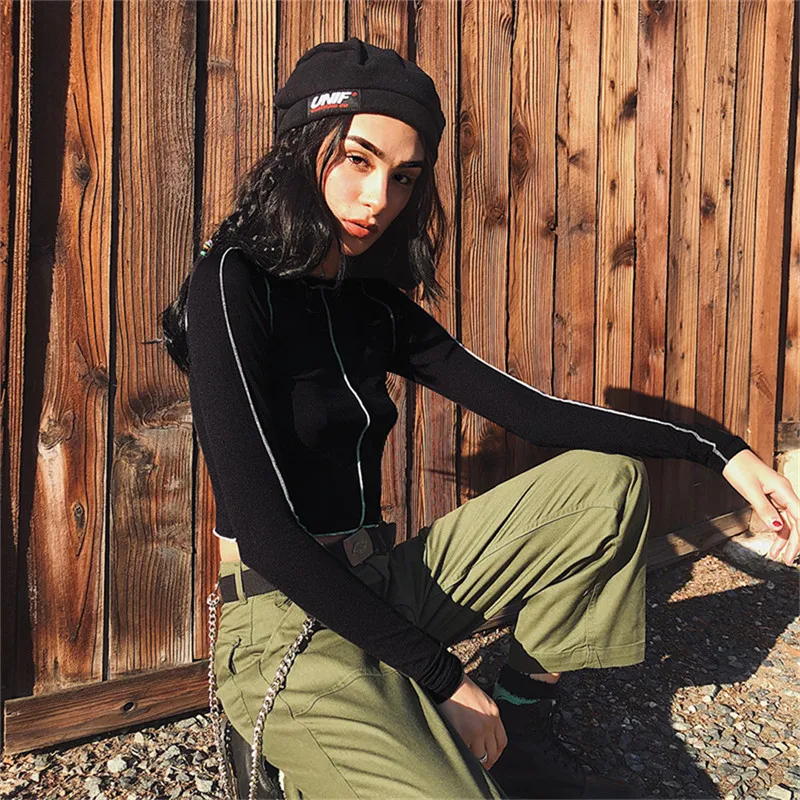 Новая женская облегающая черная уличная стильная крутая черная футболка с длинным рукавом короткий пуловер-стретч