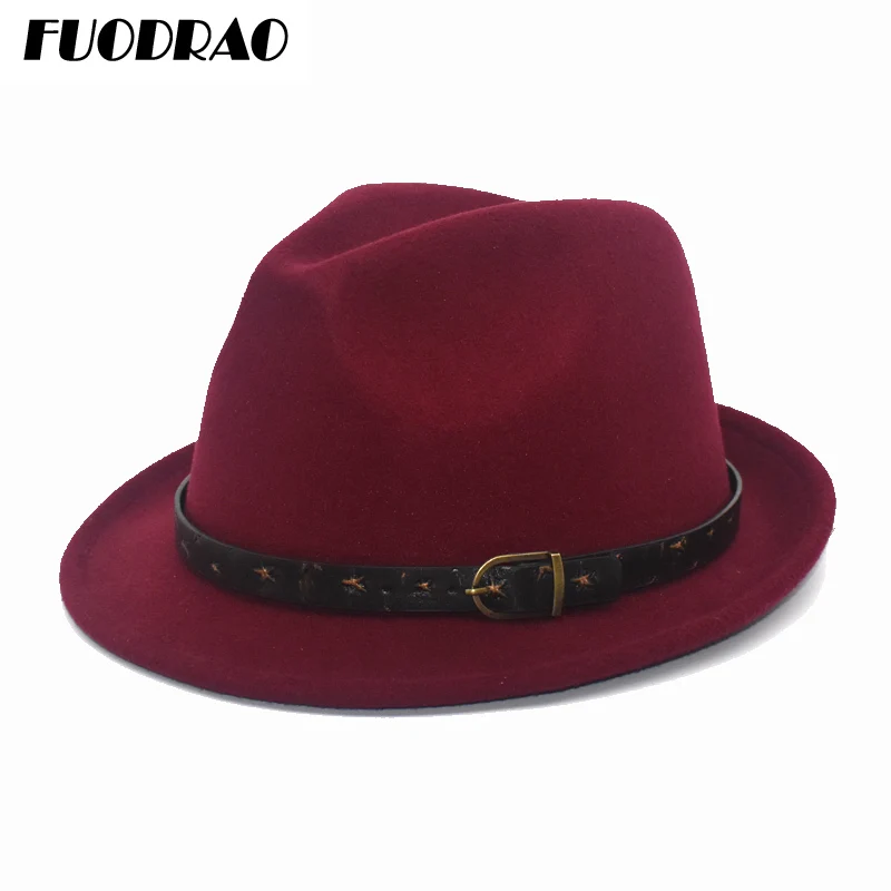 

FUODRAO Wool Fedora Hat With Leather Ribbon Gentleman Elegant Lady Winter Autumn Wide Brim Jazz Church Panama Sombrero Cap F68