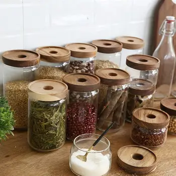 

5 Pcs Acacia Wood Lid Candy Jars Transparent Glass Tea Caddy (Transparent) 350ml+500ml+750ml+1000ml+1700ml