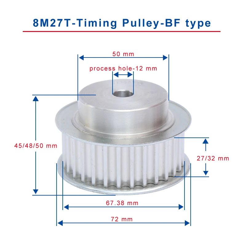 

8M 27T Timing Pulley Process Hole 12 mm Teeth Pitch 8 mm Aluminum Pulley Wheel Slot Width 27/32 mm For 25/30 mm 8M Timing Belt