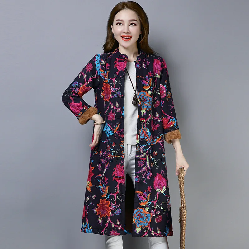 

2019 Autumn And Winter plus Velvet Thick Cotton Thick Pattern Print Retro National Wind Cotton-padded Clothes Large Size Mid-len