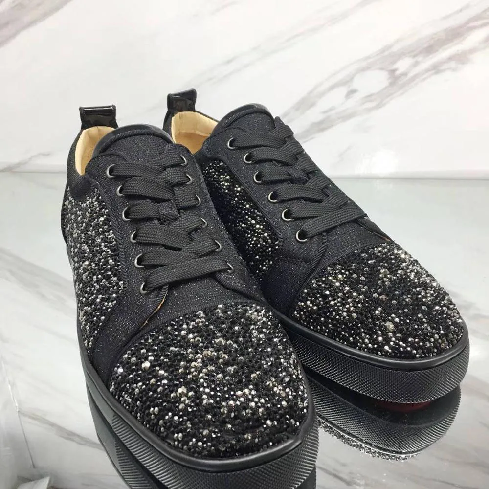 

Top Low-cut Leisure Shoes Lace-up Black With Gray Rhinestone Diamond Red Bottom For Men Shoe Sneakers Leather Flat Loafers