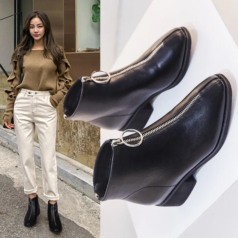 

2019 Autumn And Winter New Style Europe And America Fashion Women's Leather Boot plus Velvet Front Zipper Chunky-Heel Square Hea