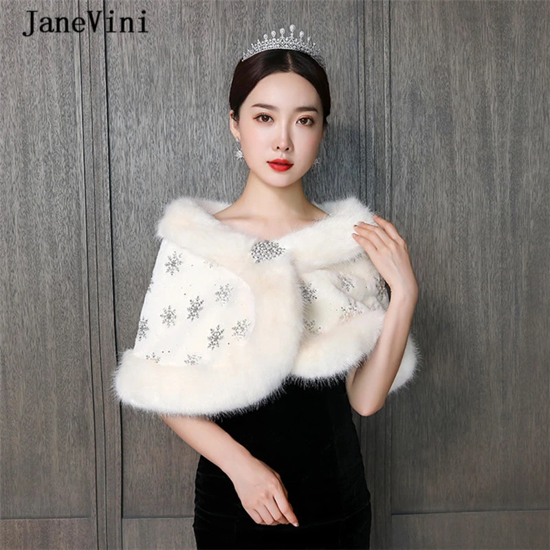 JaneVini Elegant Wedding Jackets 2019 Faux Fur Cloak Bolero Bridal Short Shawl Wrap Shrug Winter Warm Wedding Dress Accessories