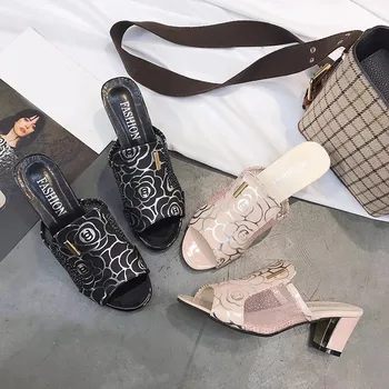 

Summer Women Crystal Slippers High Heels Mules Slides Lady Flower Sandalias Peep Toe Fashion Mujer Woman Plus Size 34-43