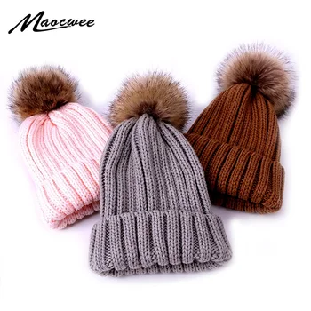 

Winter Pompom Knitted Hat For Women Children With Faux Fur Pom Pom Unisex Kids Outdoor Warm Soft Thick Crochet Slouch Beanie Hat