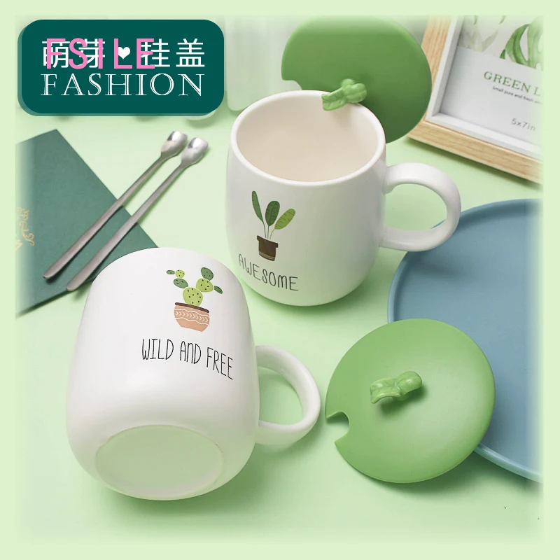 

FSILE Creative Personality Ceramic Cup with Lid Spoon Office Mug Trend Breakfast Milk Cup Oatmeal Coffee Cup Household Water Cup