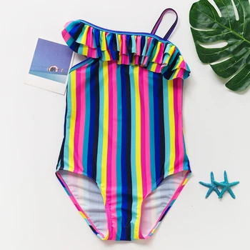 

New 2020 Girls Swimsuit One Piece 5-14 Years Girls Swimsuit Swimwear Ruffle Style Striped Children's Swimwear Kids Beach Wear