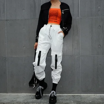 

YYXZ Spring Fashion Contrast Color Bag Buckles Elastic Waist SML High Waist Woman Casual Cargo Pants Lady Trousers Streetwear