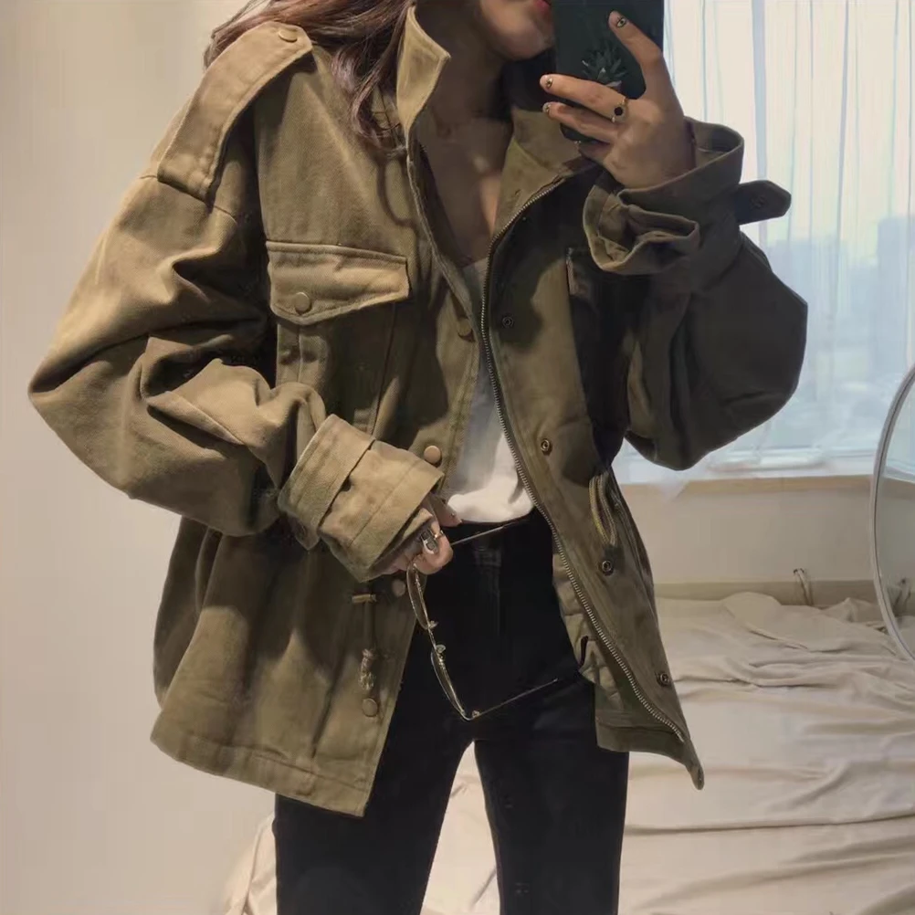 

Spring Autumn new Safari Style Loose Jackets Women Casual Long Sleeve Drawstring Coat All-Match Stand Collar jacket Female Mw805