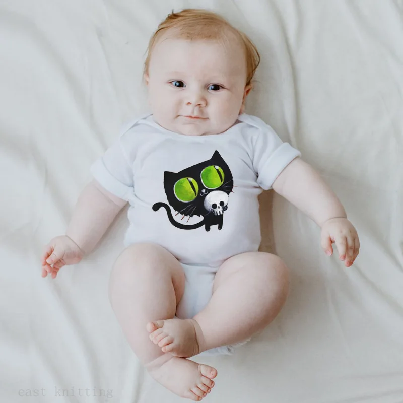 

Baby baby romper suit printed cartoon cat design round collar short sleeve climb clothes