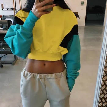 

European and American fashion women's hoodie spring autumn Street splicing round neck long sleeve sexy exposed navel women top