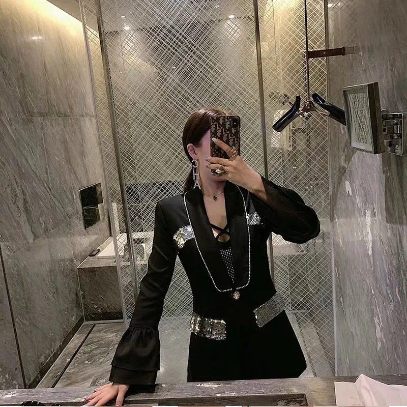 Pinkoz осенний Блейзер Полный расклешенный рукав Sequines лоскутный отложной воротник на одной пуговице дамское модное повседневное пальто