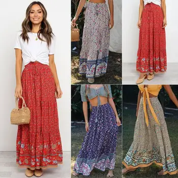 

Women's long skirt Women's skirt Stylish elastic waist solid pleated skirt Summer 2020 new printed elastic waist tie wild girl