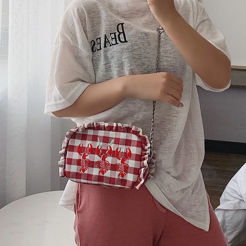 

2019 New Garden Plaid Small Square Bag Lotus Lobster Embroidered Single Shoulder Leaning Women's Bag