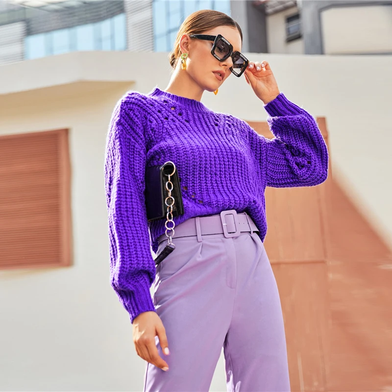 SHEIN, фиолетовый вязаный свитер с заниженным плечом, женские топы, Осень-зима, одноцветные, с рукавом Бишоп, с круглым вырезом, Повседневные свитера