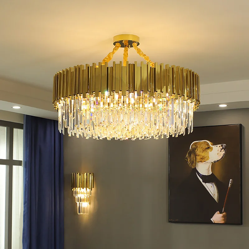 

Luxury Led Gold Chandelier Living Room Modern Iron Round Crystal Hanging Lamp Bedroom Kitchen Island Decorative Lighting Fixture