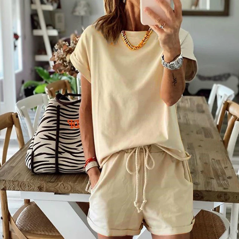 

OLOME Casual Women's Solid Two Piece Suit Women Tracksuit Summer Elastic Waist Leisure Pajamas Set Women 2 Piece Set O-Neck