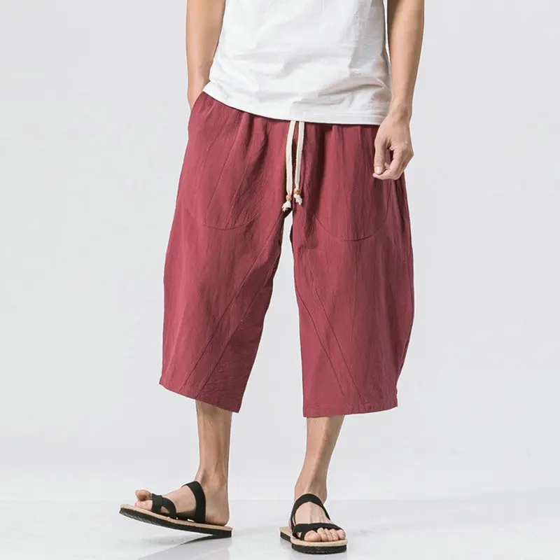 

Chinese Style Casual Pants Men Summer Cotton Mens Harem Pants Streetwear Sweatpants Solid Calf-length Trousers Men