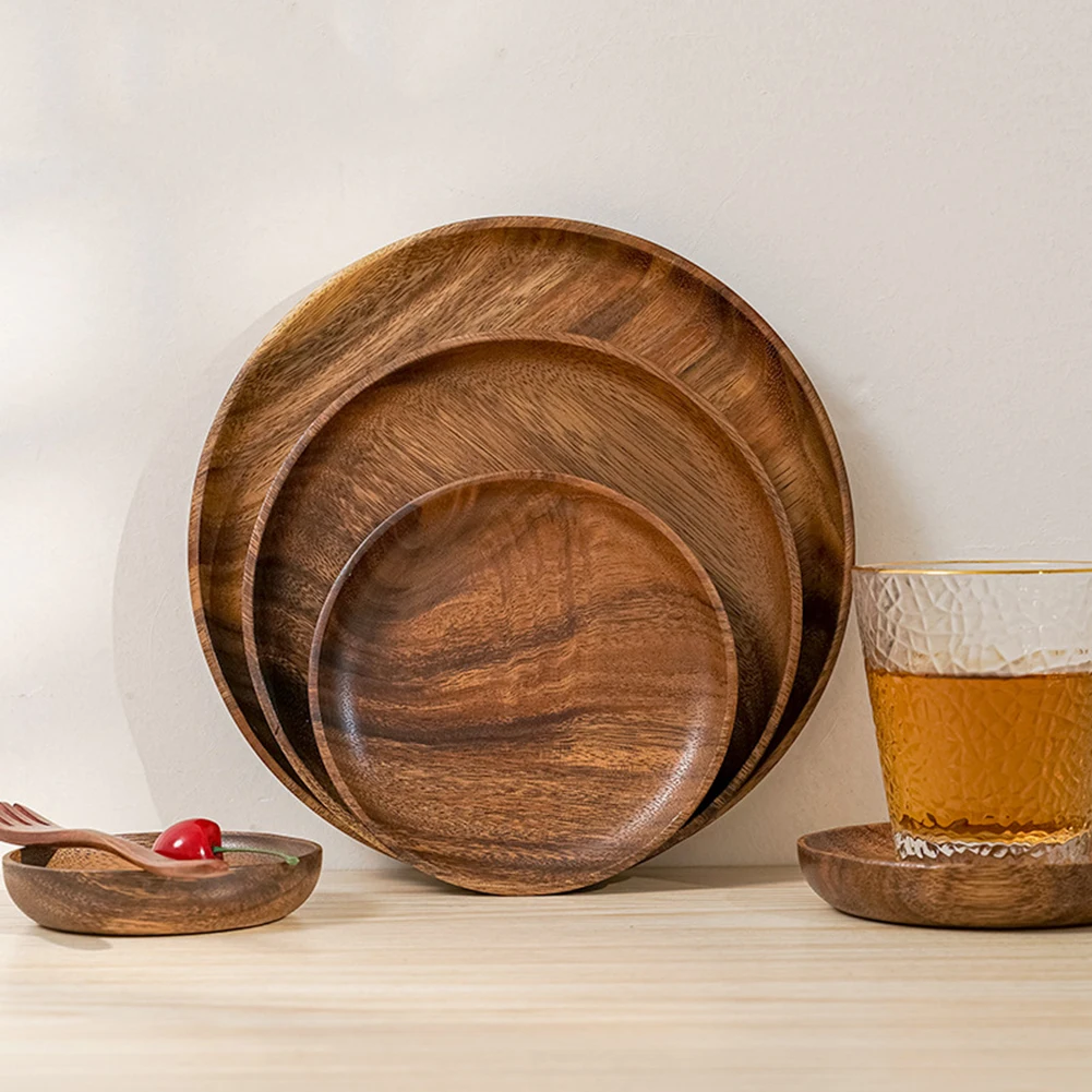Wood Hand-made Acacia Dinner Plates Unbreakable Round Wood Plates for Fruits Dishes Snacks Dessert Serving Tray Tableware