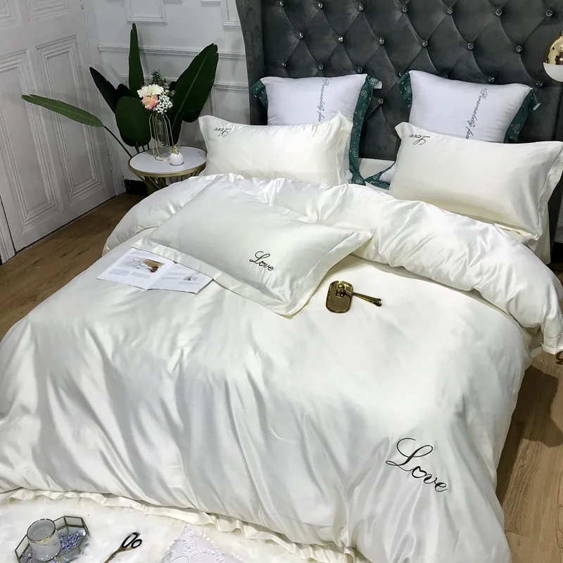 GraspDream роскошный комплект постельного белья из 4 предметов, чистый атлас, шелк, чистый цвет, европейский стиль, вышитая простыня на кровать, пододеяльник, наволочка