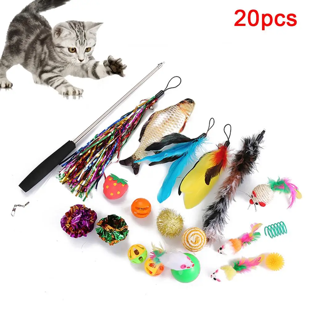 20Pcs Pet Cats Kitten Teaser Retractable Wand Fish Feather Ball Scratch Chew Toy