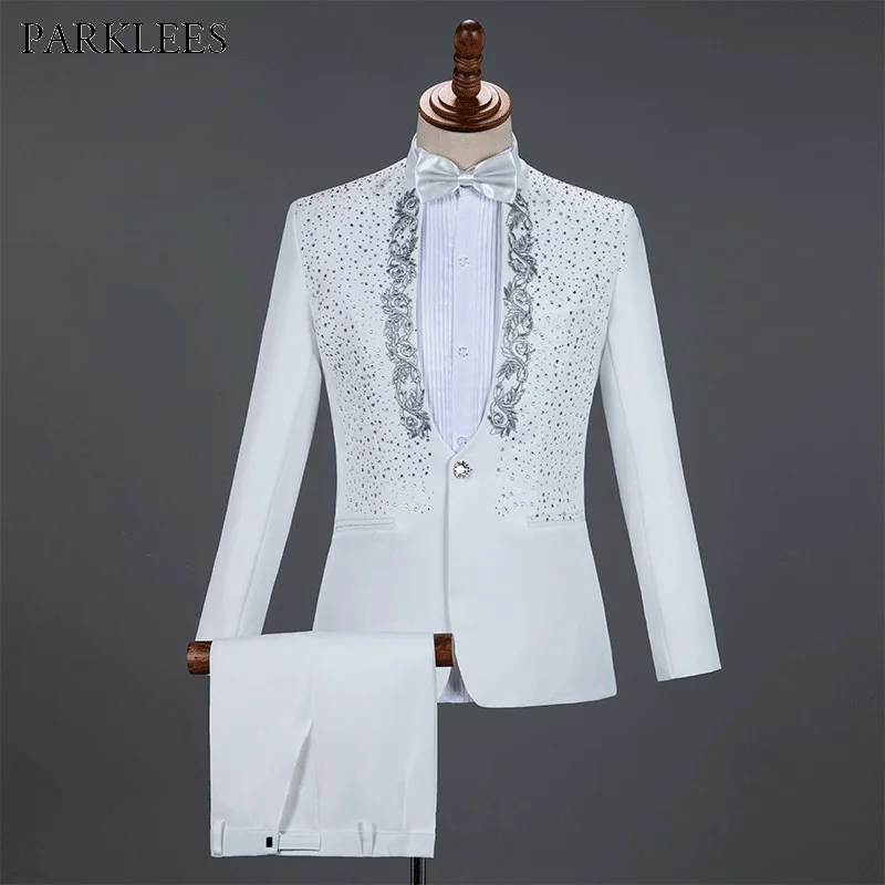 White Sparkly Crystals Embroidery Mens Suits With Pants Wedding Groom Tuxedo Suit Men Stand Collar Stage Costume Homme Mariage