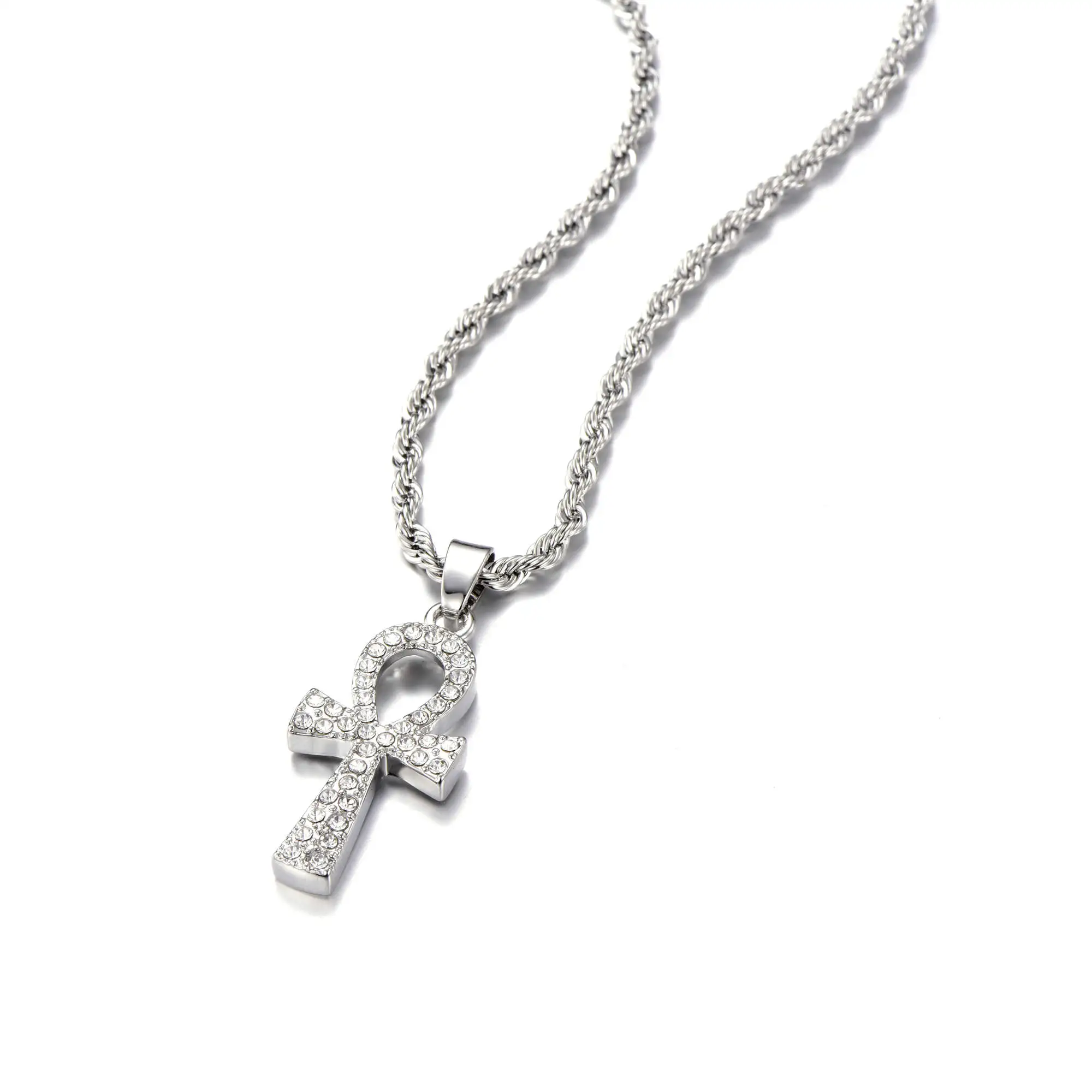 Крест сплав льдом из кристаллов Ankh Bling кулон для мужчин ключ жизни Египетский Шарм Ожерелье Веревка Цепь хип хоп ювелирные изделия - Окраска металла: Silver
