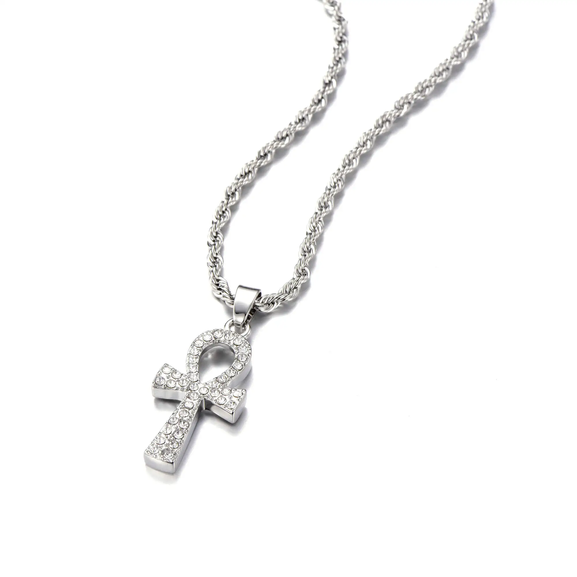 Silver Крест сплав льдом из кристаллов Ankh Bling кулон для мужчин ключ жизни Египетский Шарм Ожерелье Веревка Цепь хип хоп ювелирные изделия - Окраска металла: Silver