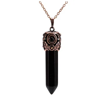 

FYJS Unique Copper Plated Hexagon Column Ethnic Style Pendant Necklace Black Agates Jewelry