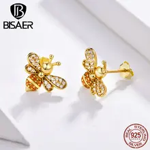 Bisaer богемные золотые серьги, яркие серьги, летние милые серьги-гвоздики пчелка, 925 пробы серебряные серьги для женщин, Трендовое ювелирное изделие HSE344
