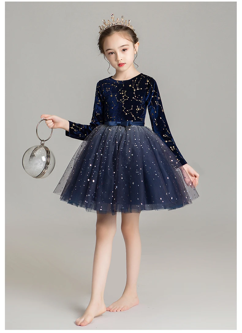 Elegant Sequin Lace First Communion Dress Dark Blue Girl Evening Pageant Gown Long Sleeve Flower Dresses for Wedding |