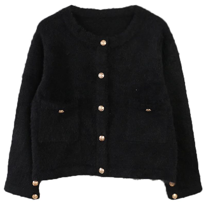 Черный New Autumn Pink/White/Black Cardigan Women Casual O-neck Long Sleeve Short knitted Sweater Woman - Цвет: Черный