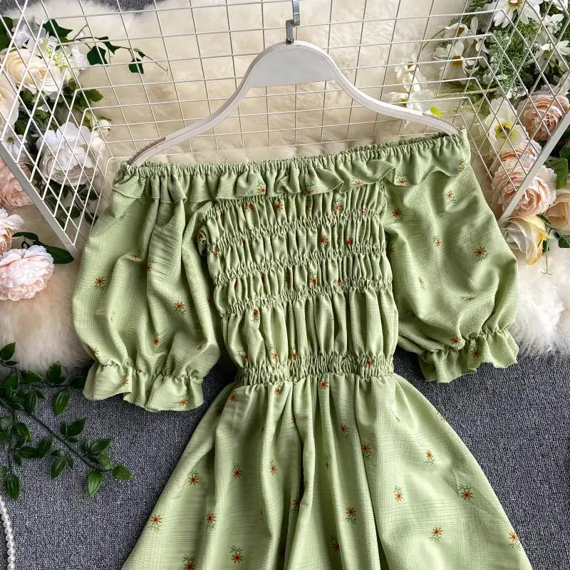 SINGRAIN Women Ruched Ruffle Dress Korean Puff Sleeve Slash Neck A Line Dress Summer Vacation Casual Print Floral Dress 2020