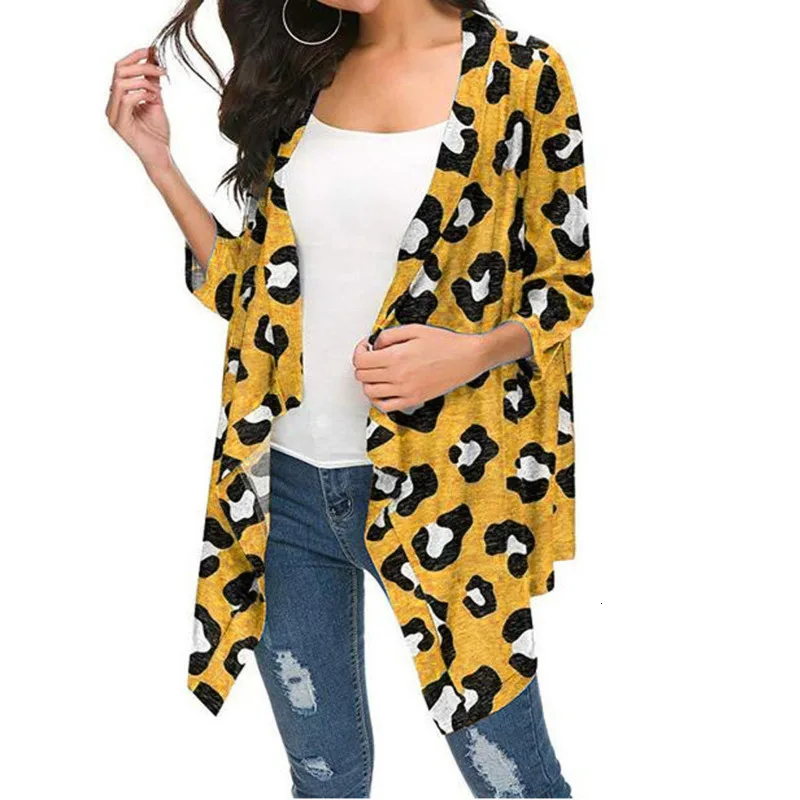 

Leopard Shawl Cardigan Woman V Neck Loose Coat Knitted Casual Cotton Irregularity yellow Green Red Ladies Cardigan