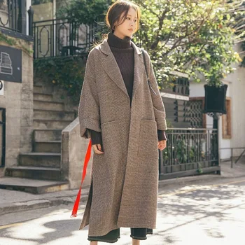 

Long Women Wool Coat 2019 New Autumn Lapel Fashion Belt Slim Female Elegant Vintage Jacket Overcoat For Office Female Plus Size