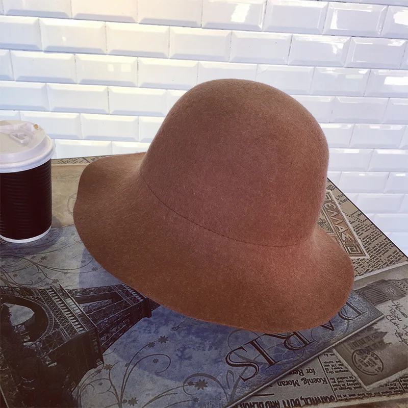 Caramel Зимняя утолщенная большая шерстяная женская шляпа-ведро, повседневная однотонная купольная шапочка для бассейна, удобная теплая шапка в рыбацком стиле - Цвет: Caramel