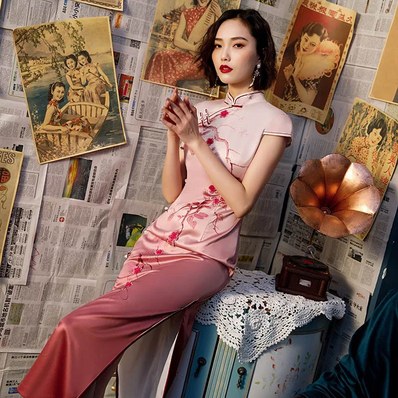Cheongsam с пуговицами ручной работы; элегантный винтажный Qipao; летнее платье с цветочным принтом и градиентом; qipao; Vestidos; большие размеры, S-3XL