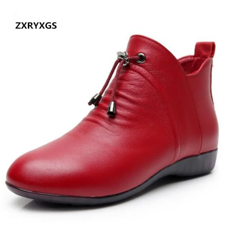 

2019 New Autumn Soft Bottom Mother Boots Flat Non-slip Large Size Women Shoes Boots Plus Velvet Genuine Leather Boots Snow Shoes