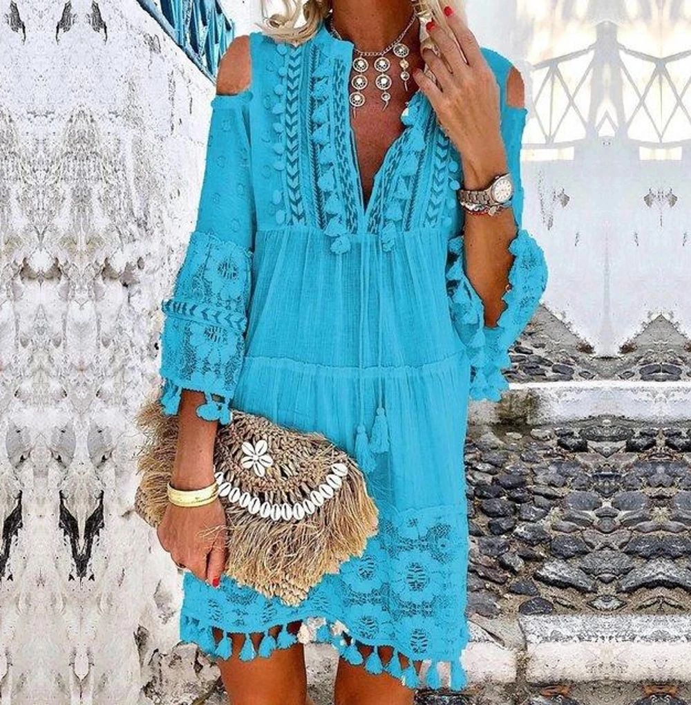 Платье в стиле Boho-Chic с v-образным вырезом, женское однотонное Летнее льняное платье с кисточками в богемном стиле, платье с длинным рукавом размера плюс, женские платья - Цвет: Синий