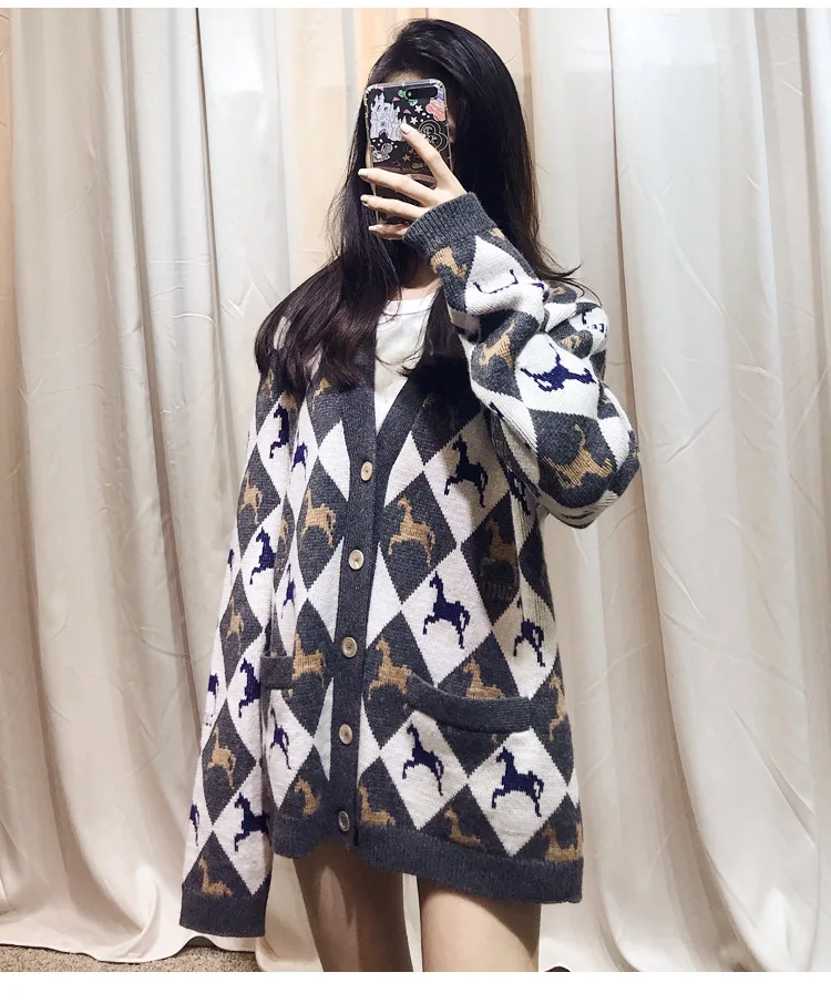 Jacquard V-neck Knitted Cardigan Sweater High Quality Women Sweater V-Neck Cardigans Women Sweaters