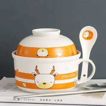 

Ceramic Cartoon Instant Noodle Bowl Creative Student Bowl Tableware Set Cute Dormitory Instant Noodle Cup Large Covered Spoon