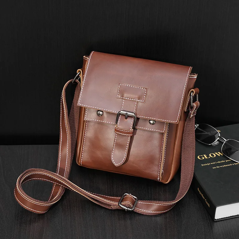 Trend street messenger bag boys backpack retro crazy horse PU leather men's shoulder bag