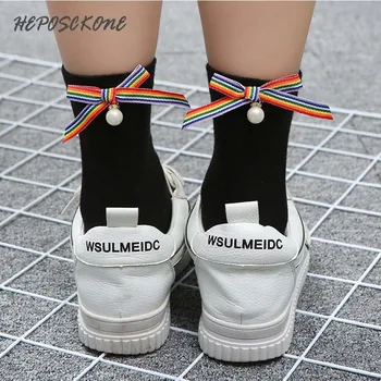 

Harajuku Sokken Art Fashion Rainbow Bowknot Socks Femme Creative Bow Pearl Cotton Skarpetki Socks Women Meias Calcetines Mujer