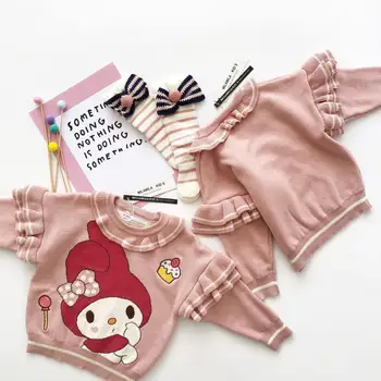

2020 Kids Sweater Fleece Lining Thicken Warm Cartoon Rabbit Pink Colour Sweet Girls Tops